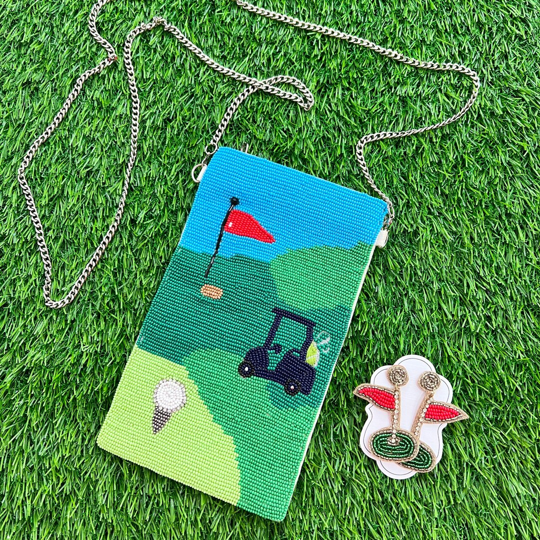 Golf Themed Beaded Crossbody Purse W/ Shoulder Chain Golf Cart Etsy