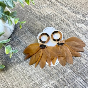 Feather & Faux Leather Fan Earrings - Brown Feather, Gold and Leopard Colors