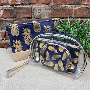 Gold Foil Pineapple Cosmetic Bag Set: Clear Travel Makeup Bags
