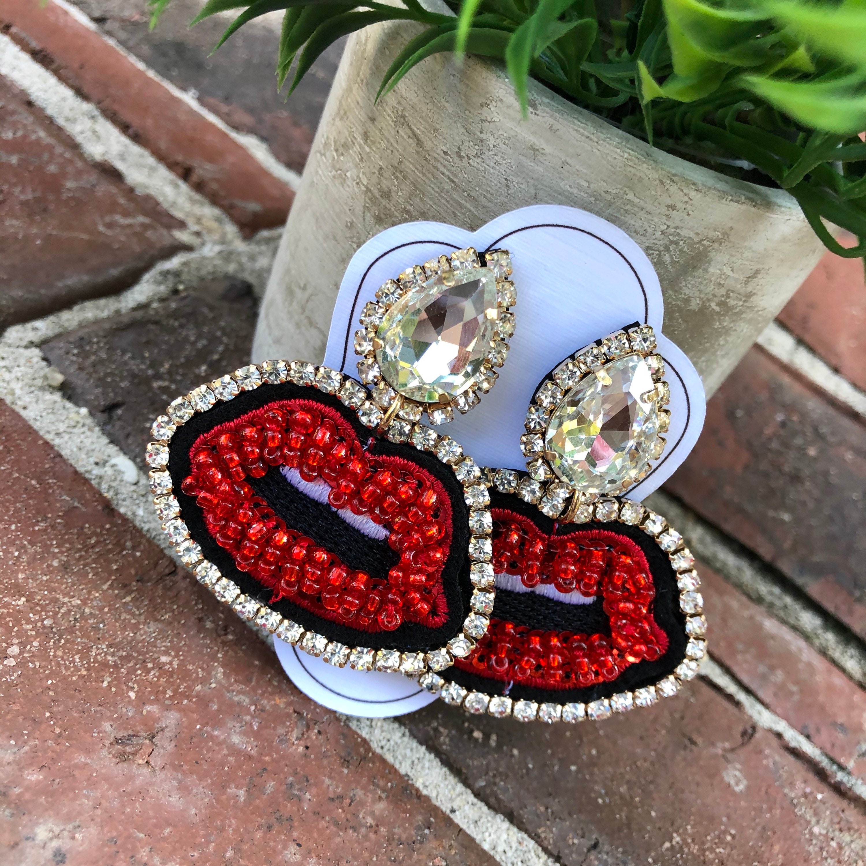 Rhinestone and Beaded Lip Earrings BEAUTIFUL Pink or Red Etsy Israel