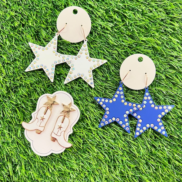 Cowboy Boots, Blue & White Star Earrings - Game Day! Football-Sports