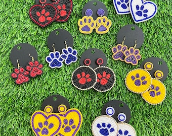 Paw Print Beaded Earrings - Lots of Color Choices! Purple, Yellow, Blue, White, Red, Black, Orange- LSU Tigers Auburn - Seed Bead - Game Day