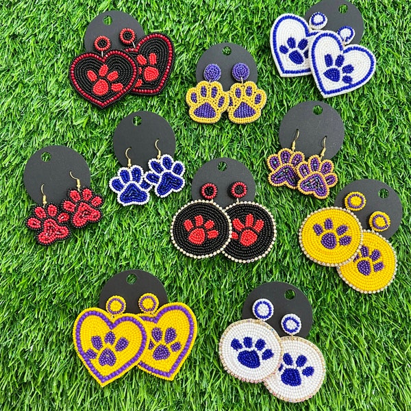 Paw Print Beaded Earrings - Lots of Color Choices! Purple, Yellow, Blue, White, Red, Black, Orange- LSU Tigers Auburn - Seed Bead - Game Day
