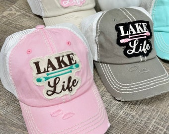 Distressed Lake Life Hat - Beach Vacation Trucker Cap