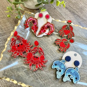Seedbeaded Crab, Shrimp & Dolphin Earrings: Lightweight Felt Back