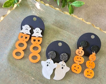 Acrylic Halloween Earrings: Ghost, Pumpkin, & BOO! Styles