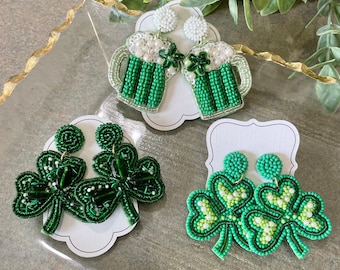 St. Patrick’s Day Earrings - 6 Choices! Clovers, Shamrock, Green Beer - Seed Bead & Sequin - Post back - Parade ready!