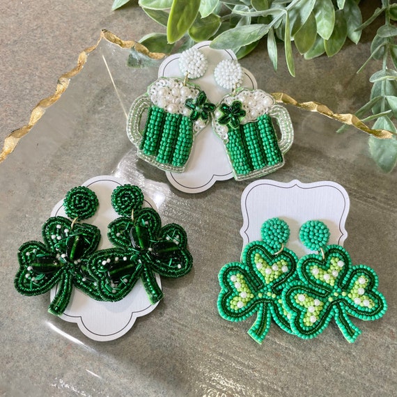 St. Patricks Day Earrings 6 Choices Clovers, Shamrock, Green Beer Seed Bead  & Sequin Post Back Parade Ready 
