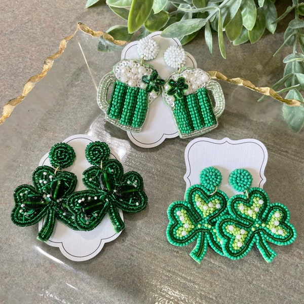 St. Patrick’s Day Earrings - 6 Choices! Clovers, Shamrock, Green Beer - Seed Bead & Sequin - Post back - Parade ready!