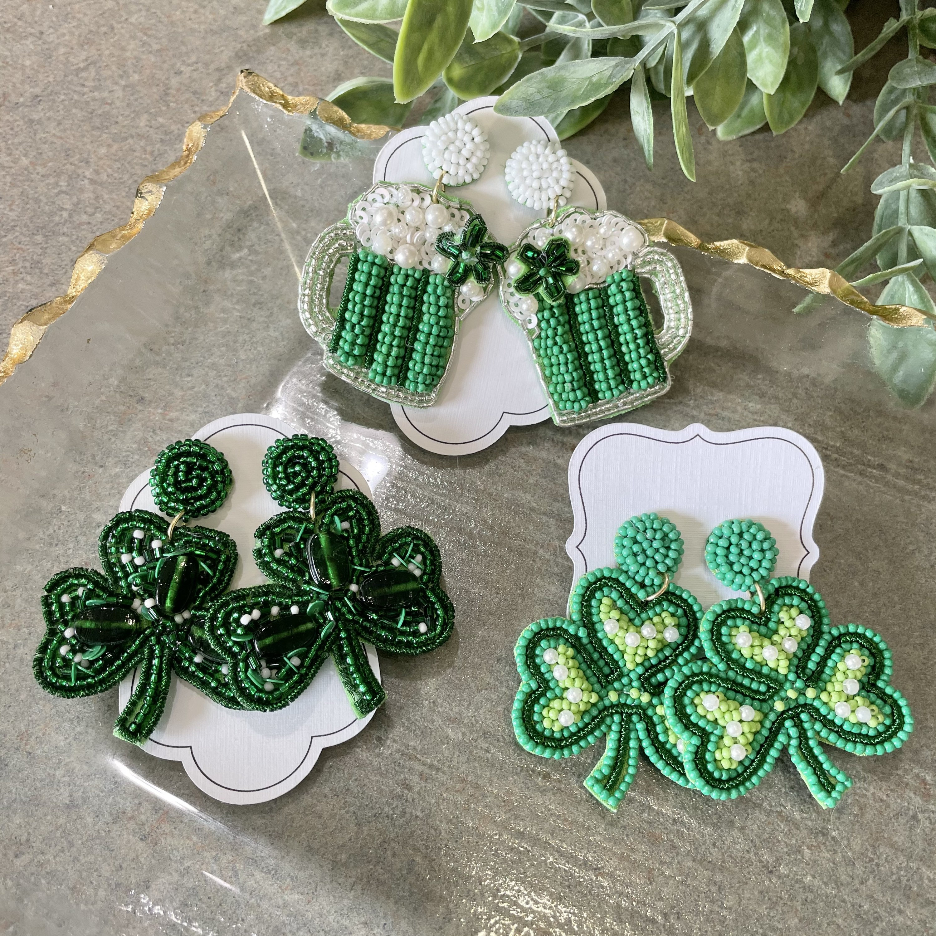 St. Patrick’s Day Earrings - 6 Choices! Clovers, Shamrock, Green Beer - Seed Bead & Sequin - Post back - Parade ready!