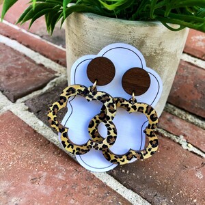 Leopard Wooden Flower Earrings - Post Back - Lightweight! Animal print