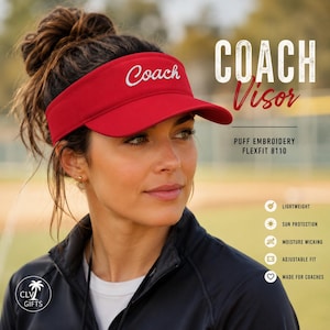 May include: A bright red visor featuring the word Coach in white puff embroidery on the front. The visor includes text stating Coach Visor, Puff Embroidery, Flexfit 8110, and icons for lightweight, sun protection, moisture wicking, and adjustable fit.