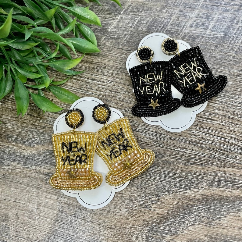 Happy New Year Earrings! Champagne, TOP HATS, Clocks, Black & Gold!! 6 Choices! NYE! Black Top Hat