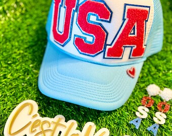 Gorra de camionero personalizada de EE. UU. ¡Dos estilos! ¡Estados Unidos! Regalo patriótico: rojo, blanco y azul. Parche.