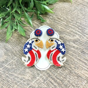 Beaded Patriotic Eagle Earrings - USA - Red, White & Blue