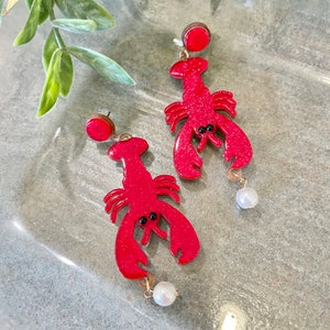 Crawfish or Lobster Earrings - Glitter Acrylic Jewelry, Red! Stylish! Great Gift!