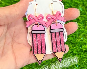 Pink Glitter Pencil Earrings: Teacher Appreciation Gift