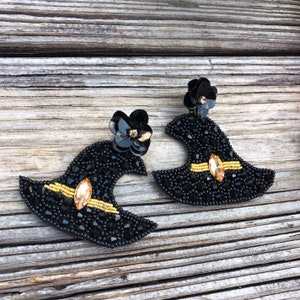 Beaded Halloween Witch Hat Earrings with Rhinestones - Black and Gold