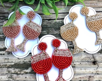 Beaded Wine Glass Earrings - 3 Colors - Drinks! Red & White Wine, Rose!