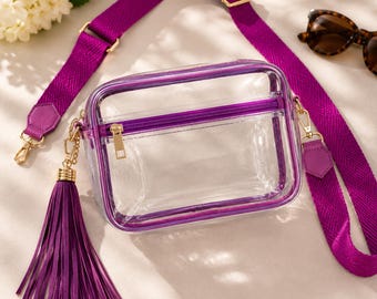 Clear Stadium Crossbody Bag | Stadium Approved Clear Purse | Purple or Blue Game Day Bags | Concert & Festival Crossbody | Personalized Gift