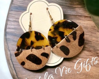 Leopard & Tortoise Earrings - Animal Print Dangle Earrings - Great Gift - Circle or Round Earrings