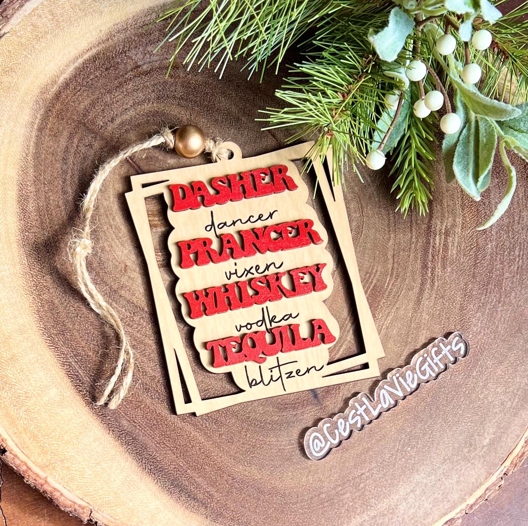 Funny Christmas Ornament - Dasher, Dancer.. Vixen… Christmas Ornament - Wine Bottle Gift Tag