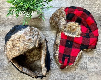 Trapper Hat Several Colors - Black or Buffalo Plaid Aviator Hat with Soft Furry inside - Perfect winter hat! Orange, Red