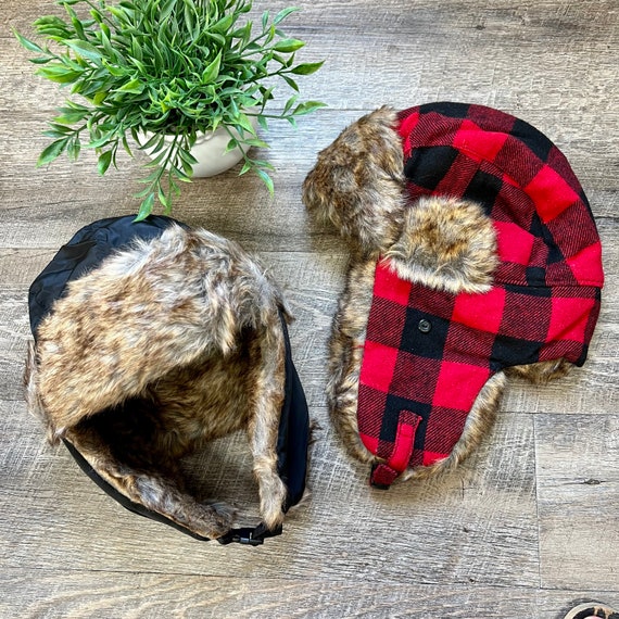 Womens Red Buffalo Check Rabbit Fur Trapper Hat