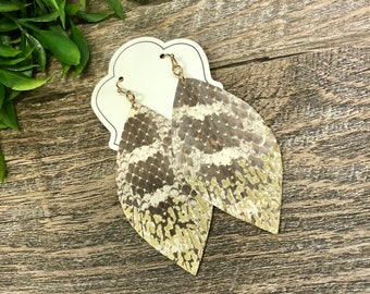 Gold dipped Snakeskin Leather Earrings - Animal Print - Jewelry-Great gift!