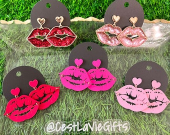 Lip and Heart Kiss Earrings! Valentine’s Day! Pink, Red, Fuchsia!