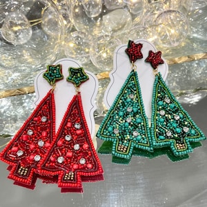 Christmas Tree Beaded Earrings - Red or Green