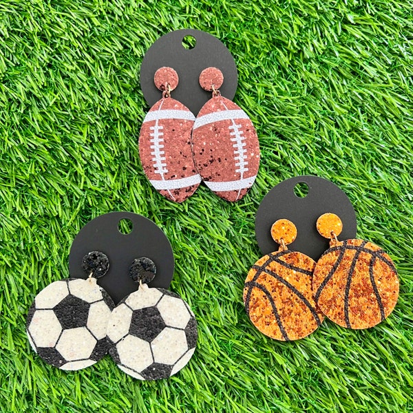 Sports Earrings - Baseball, Soccer, Basketball, Football - GAME DAY! Sports, ball - Glitter Leather, Softball, Rugby