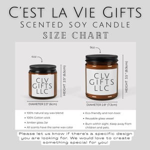 May include: A size chart for C'EST LA VIE GIFTS scented soy candles featuring two amber glass jars with black lids and white labels reading CLV GIFTS LLC. The 4oz candle is 2.5 inches high and 2.3 inches in diameter. The 9oz candle is 3.5 inches high and 2.8 inches in diameter.