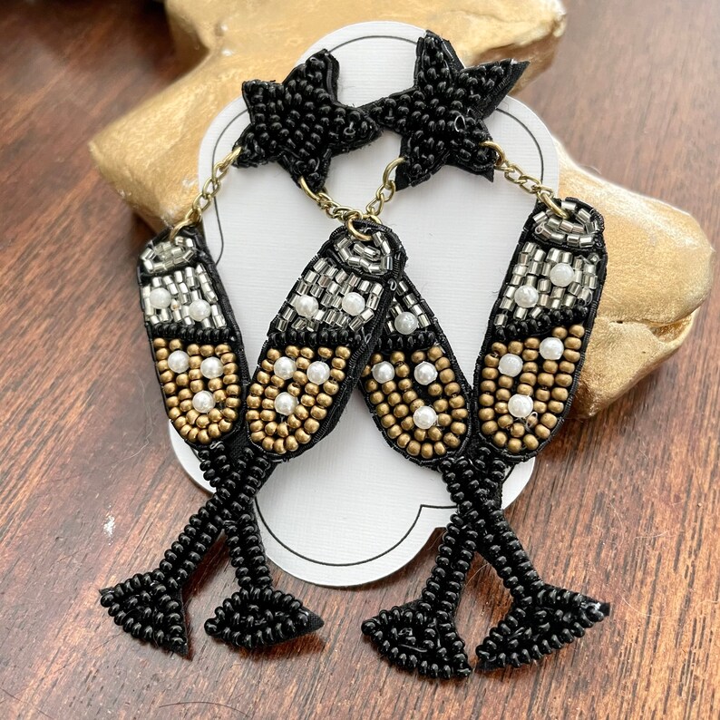 Happy New Year Earrings! Champagne, TOP HATS, Clocks, Black & Gold!! 6 Choices! NYE! Champagne Glasses