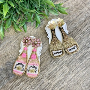 Beaded Champagne Bottle Earrings: Rhinestone Seed Bead Party Jewelry