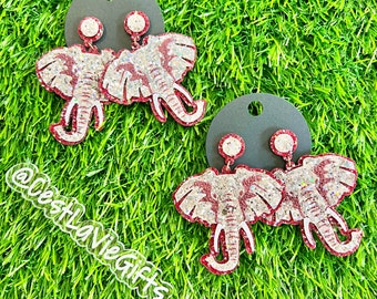 Glitter Elephant Earrings: Burgundy & Silver Game Day Jewelry