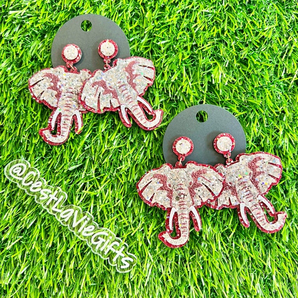 グリッターエレファントイヤリング：バーガンディ＆シルバーのゲームデージュエリー