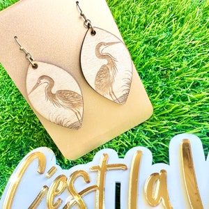 Blue Heron Earrings: Lightweight Wooden Bird Jewelry