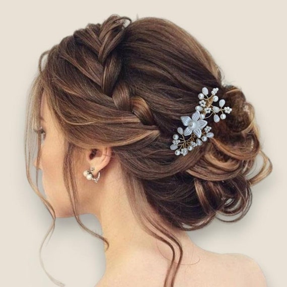 Handgefertigter Braut-Haarkamm – Goldfarben Mit Perlen & Blumen (7.5x10 Cm)