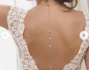 Flower and pearl bridal back necklace, low-cut backless necklace, designer wedding jewelry, women's Christmas gift, civil ceremony jewelry
