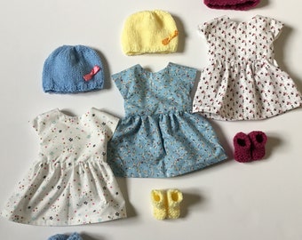 Dress, hat and slippers set for 30cm baby doll.