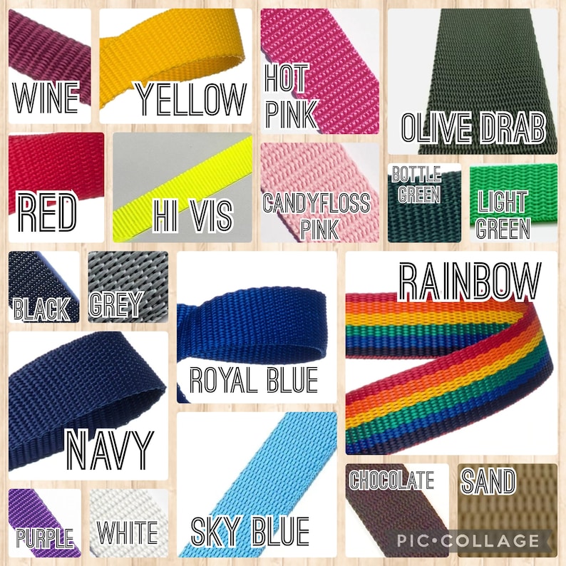 Op de afbeelding: Een collage van verschillende gekleurde webbing banden, waaronder wijn, geel, roze, olijfgroen, rood, hi vis, roze suikerspin, flessengroen, lichtgroen, regenboog, zwart, grijs, koninklijk blauw, marineblauw, chocolade, zand, paars, wit en hemelsblauw.