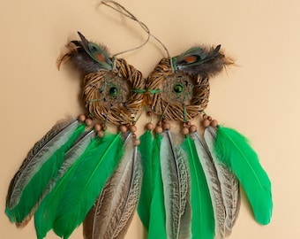 Eulentraumfänger, grüne Eule, Ureinwohner Traumfänger, authentischer natürlicher Traumfänger, Boho Dreamcatcher Wandbehang, natürliches Wohndekor
