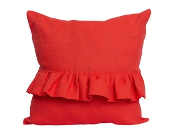 Linen pillow case coral, elegant, natural, pillowcase, pillow cover, with frill