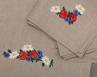 Linen Table runner + 6 Linen Napkins with Poppy Flower Embroidery.
