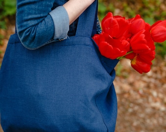 Leinen-Shopper-Tasche Blau mit Tasche, A4, große Tasche, natürliche Tasche, Zero Waste, solide, geräumig, Einkaufstasche, handgefertigt PREMIUM