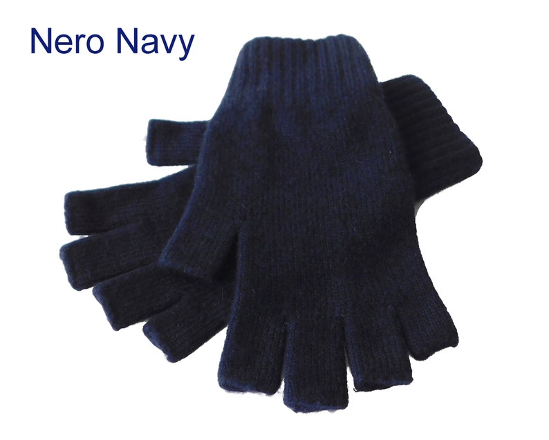 Fingerlose Damenhandschuhe aus reinem Kaschmir handgefertigt in Hawick, Schottland Nero Navy