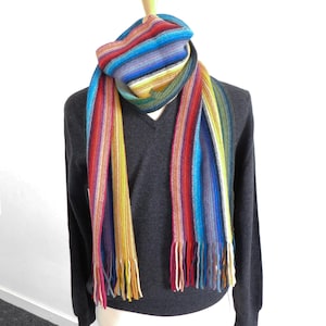 Lambswool Rainbow Striped Scarf– Handcrafted in Scotland, Cosy Wool Winter Accessory