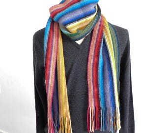 Lambswool Rainbow Striped Scarf– Handcrafted in Scotland, Cosy Wool Winter Accessory
