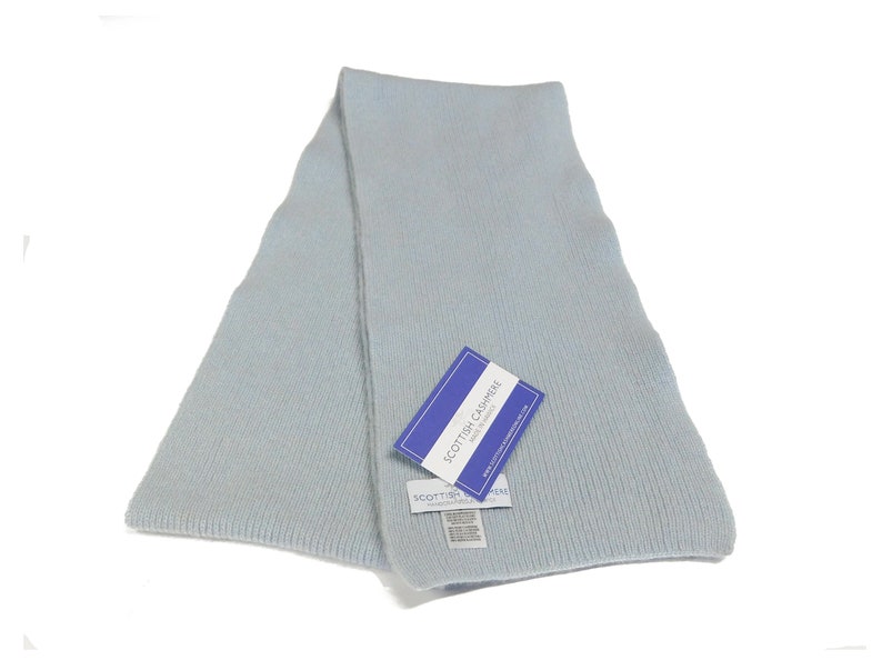 Pure Cashmere Scarf with a narrow rib Greys, Blues and Green Shades Handknitted by us in Hawick, Scotland Spa Blue